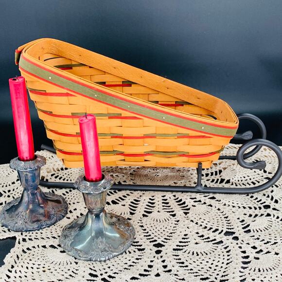 Longaberger Sleigh Basket Holiday With Wrought Iron Runner 16811 Woven Red Green - Picture 11 of 12